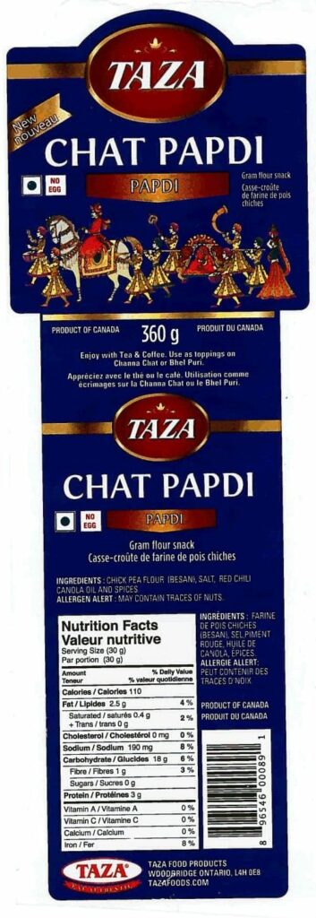 Food Recall Warning – Allergen (wheat) – Taza brand Chat Papdi – Gram Flour Snack