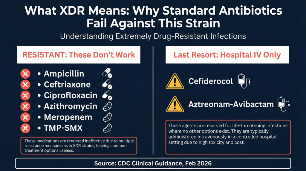 XDR Salmonella antibiotic resistance chart showing which drugs fail against the Rosabella moringa outbreak strain