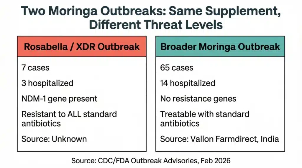 Comparison of Rosabella XDR Salmonella outbreak versus broader moringa Salmonella outbreak showing case counts and drug resistance differences